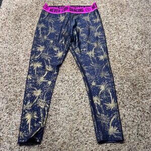 Zumba Wear Navy Gold Palm Tree Leggings Pink Never Stop Dancing Waistband Large